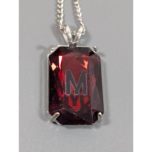 Red Rhinestone Initial Letter M Rectangle Solitaire Pendant necklace Silver Tone - Picture 6 of 8